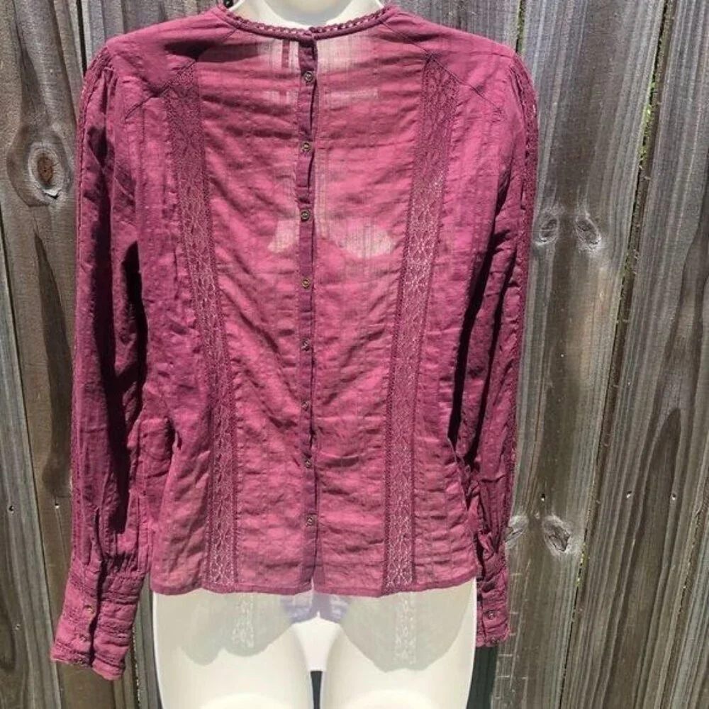 Free People Button Back Lace XS Top Without You Burgundy Maroon Anthropologie